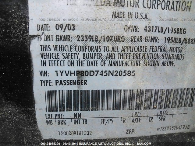 1YVHP80D745N20585 - 2004 MAZDA 6 S BLACK photo 9