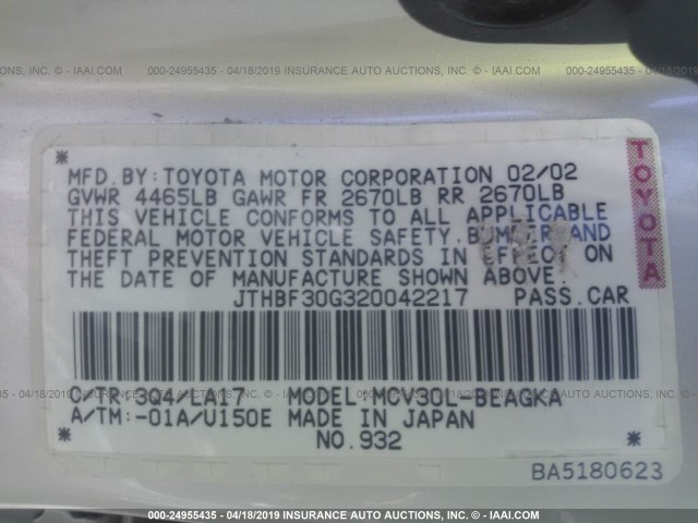 JTHBF30G320042217 - 2002 LEXUS ES 300 SILVER photo 9