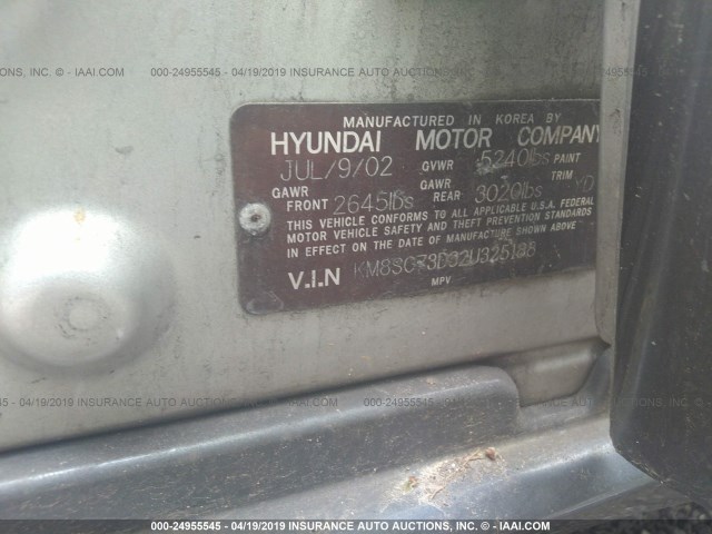 KM8SC73D32U325188 - 2002 HYUNDAI SANTA FE GLS/LX SILVER photo 9