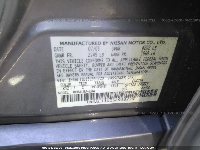 1N4AL11D15C953220 - 2005 NISSAN ALTIMA S/SL SILVER photo 9