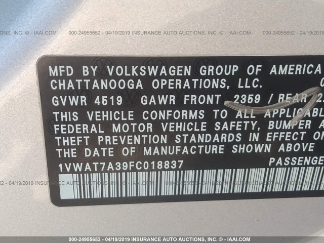 1VWAT7A39FC018837 - 2015 VOLKSWAGEN PASSAT S SILVER photo 9