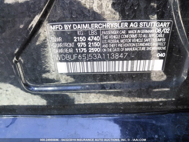 WDBUF65J53A113847 - 2003 MERCEDES-BENZ E 320 BLACK photo 9