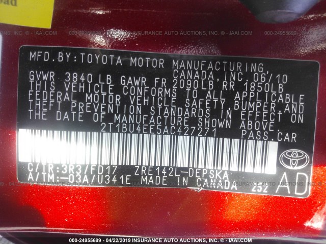 2T1BU4EE5AC427271 - 2010 TOYOTA COROLLA S/LE/XLE RED photo 9