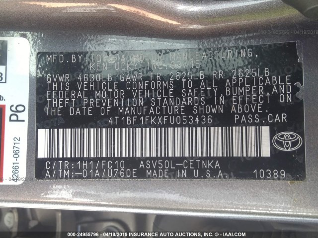 4T1BF1FKXFU053436 - 2015 TOYOTA CAMRY LE/XLE/SE/XSE GRAY photo 9