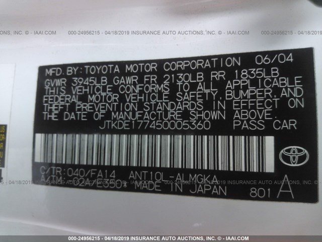 JTKDE177450005360 - 2005 TOYOTA SCION TC WHITE photo 9