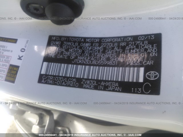 JTDKN3DU8D5599831 - 2013 TOYOTA PRIUS WHITE photo 9