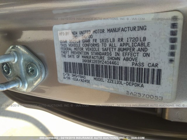 1NXBR12E9YZ404461 - 2000 TOYOTA COROLLA VE/CE/LE TAN photo 9