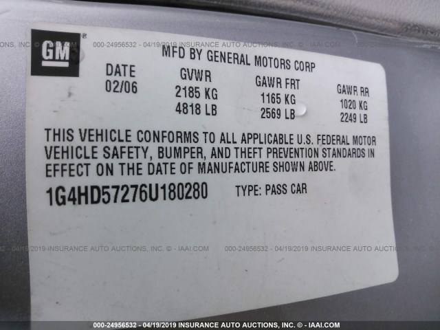 1G4HD57276U180280 - 2006 BUICK LUCERNE CXL SILVER photo 9