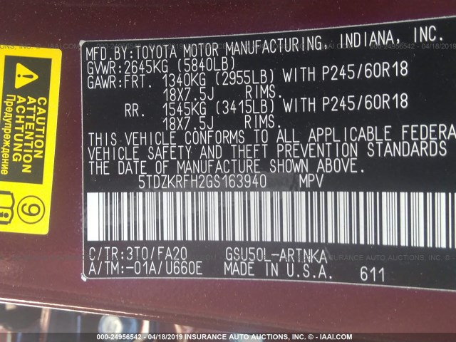 5TDZKRFH2GS163940 - 2016 TOYOTA HIGHLANDER LE/LE PLUS BURGUNDY photo 9