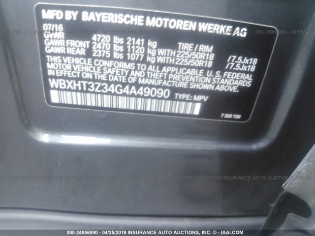 WBXHT3Z34G4A49090 - 2016 BMW X1 XDRIVE28I GRAY photo 9