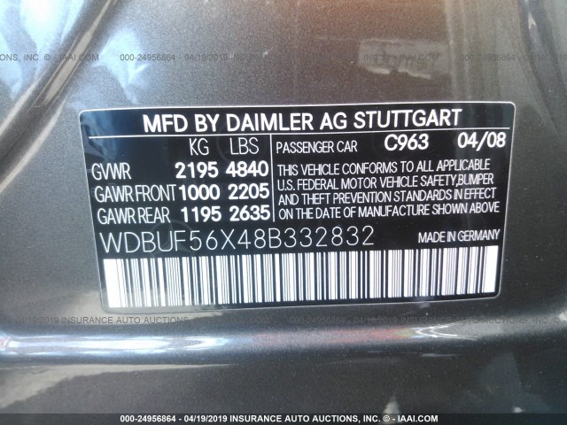 WDBUF56X48B332832 - 2008 MERCEDES-BENZ E 350 GRAY photo 9