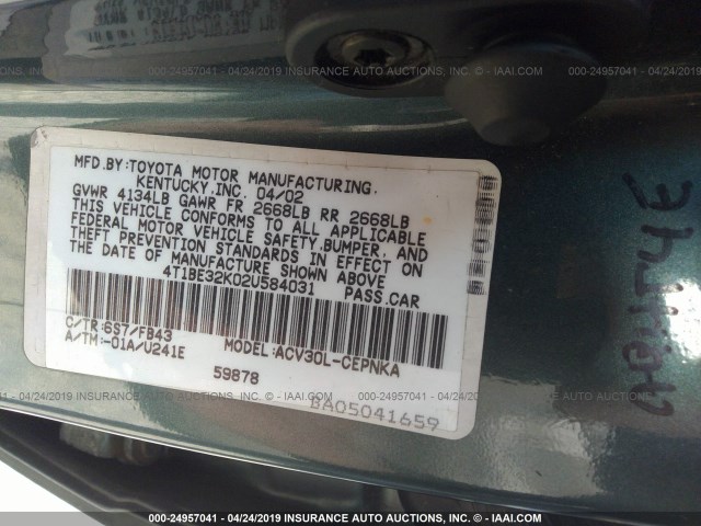 4T1BE32K02U584031 - 2002 TOYOTA CAMRY LE/XLE/SE GREEN photo 9