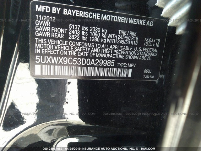 5UXWX9C53D0A29985 - 2013 BMW X3 XDRIVE28I BLACK photo 9