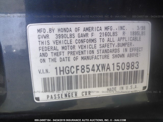 1HGCF854XWA150983 - 1998 HONDA ACCORD DX BLUE photo 9