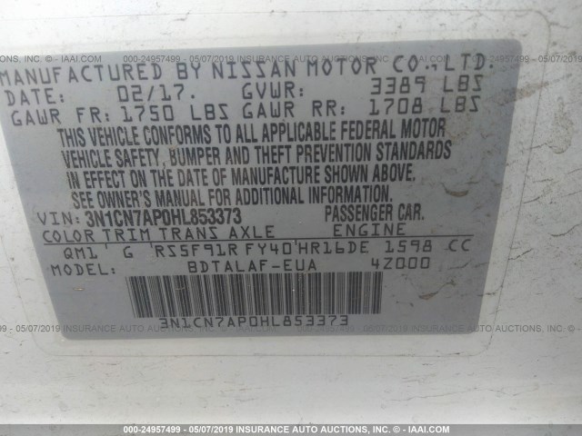 3N1CN7AP0HL853373 - 2017 NISSAN VERSA S/S PLUS/SV/SL WHITE photo 9