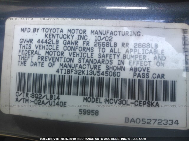 4T1BF32K13U545060 - 2003 TOYOTA CAMRY LE/XLE/SE BLUE photo 9