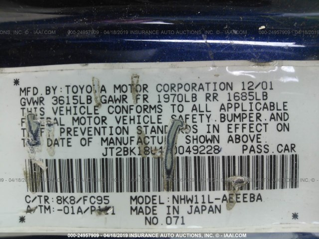 JT2BK18U420049228 - 2002 TOYOTA PRIUS BLUE photo 9