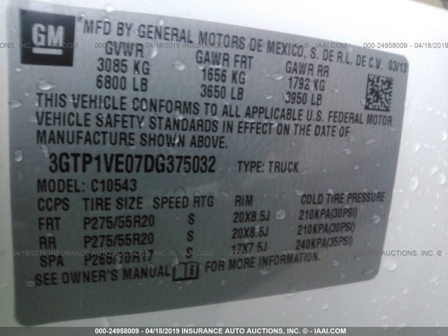 3GTP1VE07DG375032 - 2013 GMC SIERRA C1500 SLE WHITE photo 9