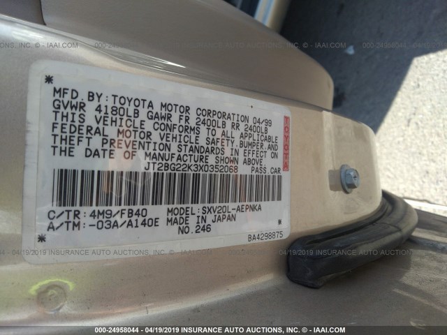 JT2BG22K3X0352068 - 1999 TOYOTA CAMRY LE/XLE Qızıl foto 9