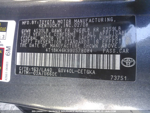 4T1BK46K99U578084 - 2009 TOYOTA CAMRY SE/LE/XLE GRAY photo 9