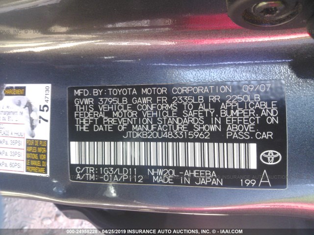 JTDKB20U483315962 - 2008 TOYOTA PRIUS GRAY photo 9