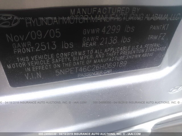 5NPET46C26H069189 - 2006 HYUNDAI SONATA GL SILVER photo 9