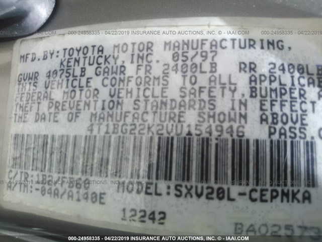 4T1BG22K2VU154946 - 1997 TOYOTA CAMRY CE/LE/XLE GRAY photo 9