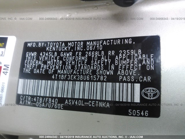 4T1BF3EK3BU615782 - 2011 TOYOTA CAMRY SE/LE/XLE GOLD photo 9