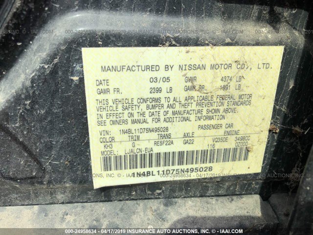 1N4BL11D75N495028 - 2005 NISSAN ALTIMA SE/SL/SE-R BLACK photo 9