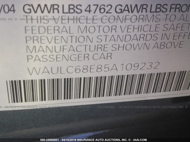 WAULC68E85A109232 - 2005 AUDI A4 1.8T QUATTRO/SPECIAL GRAY photo 9