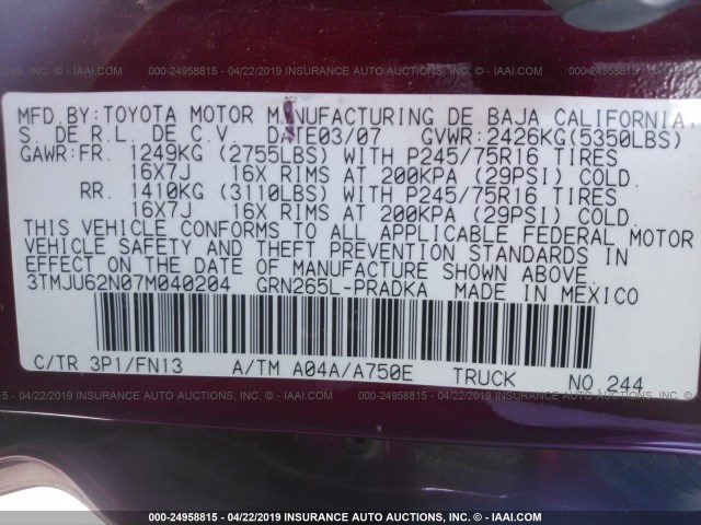 3TMJU62N07M040204 - 2007 TOYOTA TACOMA DOUBLE CAB PRERUNNER MAROON photo 9