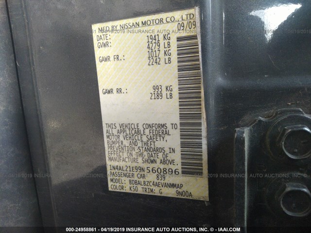 1N4AL21E99N560896 - 2009 NISSAN ALTIMA 2.5/2.5S GRAY photo 9