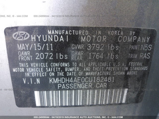 KMHDH4AE0CU182481 - 2012 HYUNDAI ELANTRA GLS/LIMITED GRAY photo 9