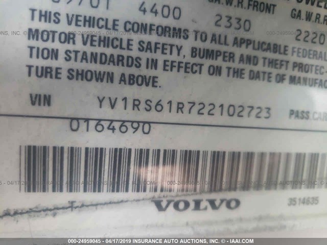 YV1RS61R722102723 - 2002 VOLVO S60 GRAY photo 9