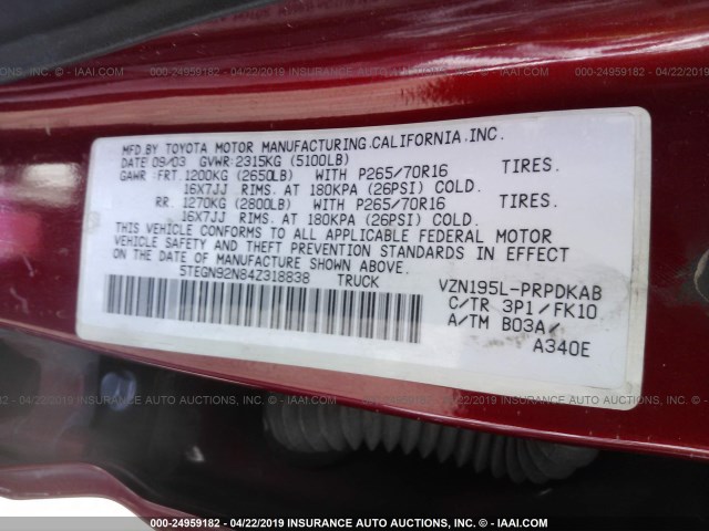 5TEGN92N84Z318838 - 2004 TOYOTA TACOMA DOUBLE CAB PRERUNNER BURGUNDY photo 9