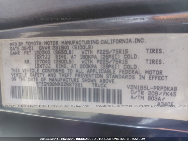 5TEGN92NX2Z887381 - 2002 TOYOTA TACOMA DOUBLE CAB PRERUNNER BLACK photo 9