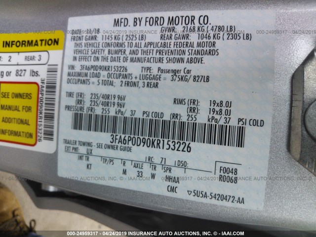 3FA6P0D90KR153226 - 2019 FORD FUSION TITANIUM SILVER photo 9