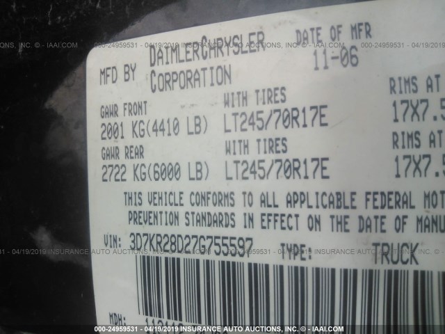 3D7KR28D27G755597 - 2007 DODGE RAM 2500 ST/SLT 黑色 照片 9