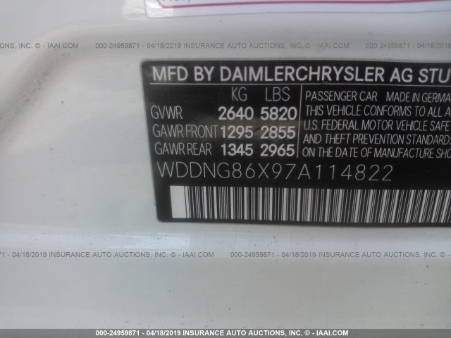 WDDNG86X97A114822 - 2007 MERCEDES-BENZ S 550 4MATIC WHITE photo 9