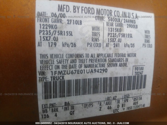 1FMZU67E01UA94290 - 2001 FORD EXPLORER SPORT TR  ORANGE photo 9