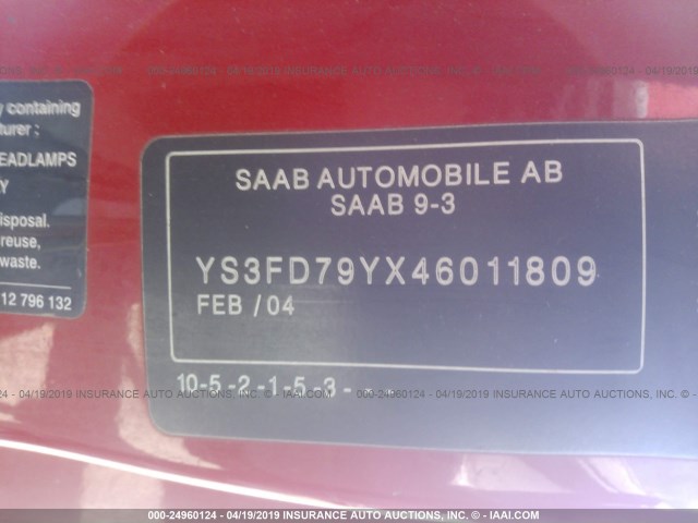 YS3FD79YX46011809 - 2004 SAAB 9-3 ARC RED photo 9