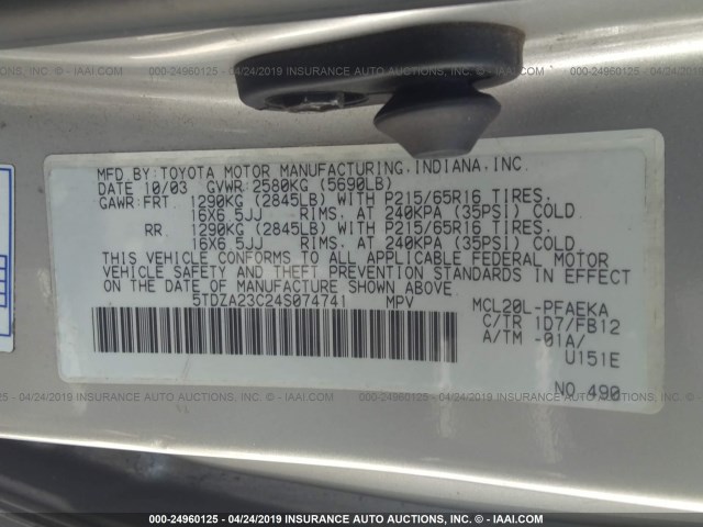 5TDZA23C24S074741 - 2004 TOYOTA SIENNA CE/LE SILVER photo 9