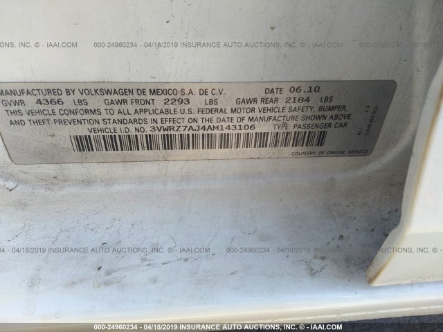 3VWRZ7AJ4AM143106 - 2010 VOLKSWAGEN JETTA SE/SEL WHITE photo 9