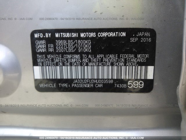 JA32U2FU2HU003598 - 2017 MITSUBISHI LANCER ES SILVER photo 9