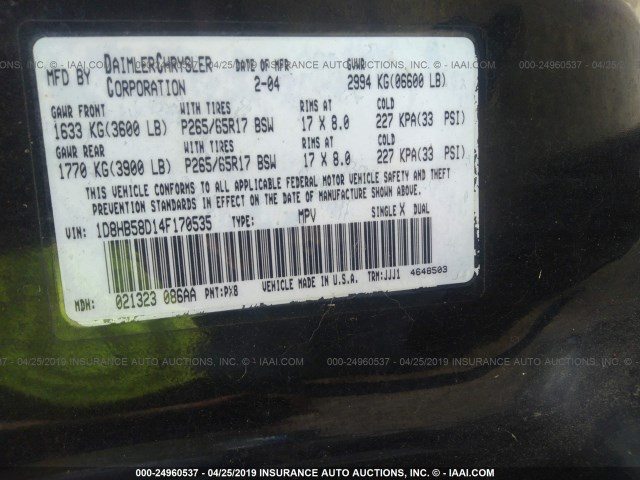 1D8HB58D14F170535 - 2004 DODGE DURANGO LIMITED BLACK photo 9