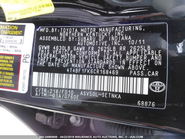 4T4BF1FK6CR168469 - 2012 TOYOTA CAMRY SE/LE/XLE BLACK photo 9