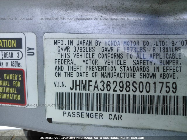 JHMFA36298S001759 - 2008 HONDA CIVIC HYBRID SILVER photo 9