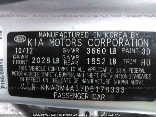 KNADM4A37D6178333 - 2013 KIA RIO LX SILVER photo 9