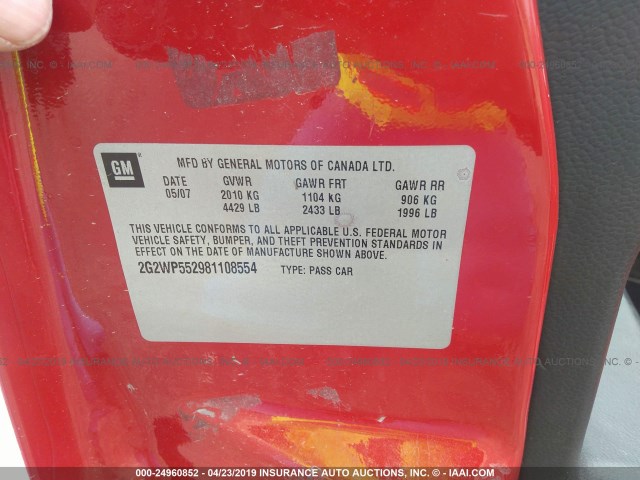 2G2WP552981108554 - 2008 PONTIAC GRAND PRIX 红色 照片 9