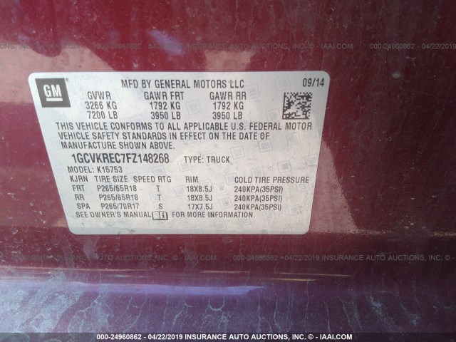 1GCVKREC7FZ148268 - 2015 CHEVROLET SILVERADO K1500 LT RED photo 9